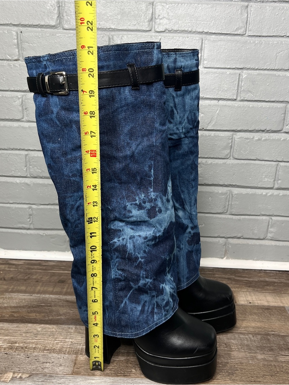 Women's Knee-High Fold-Over Denim Gaiter sleeve Black Platform Boots Size 10 - Picture 15 of 16